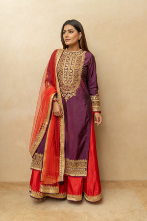 Deep Plum & Red Embroidered Silk Sharara Suit Set