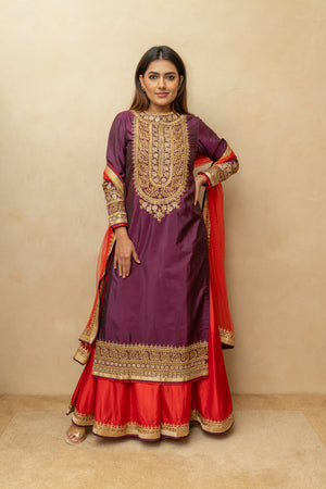 Deep Plum & Red Embroidered Silk Sharara Suit Set