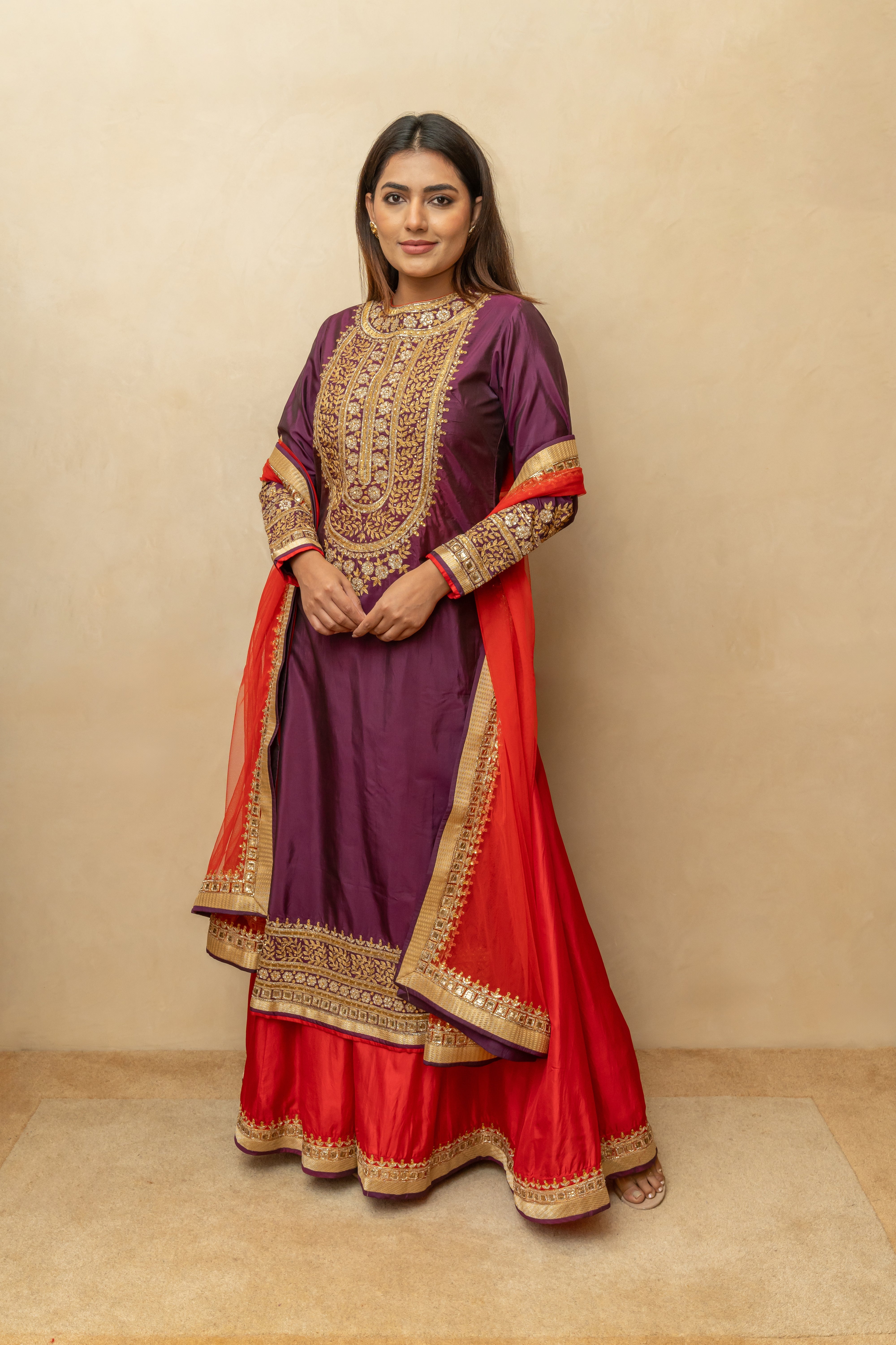 Deep Plum & Red Embroidered Silk Sharara Suit Set