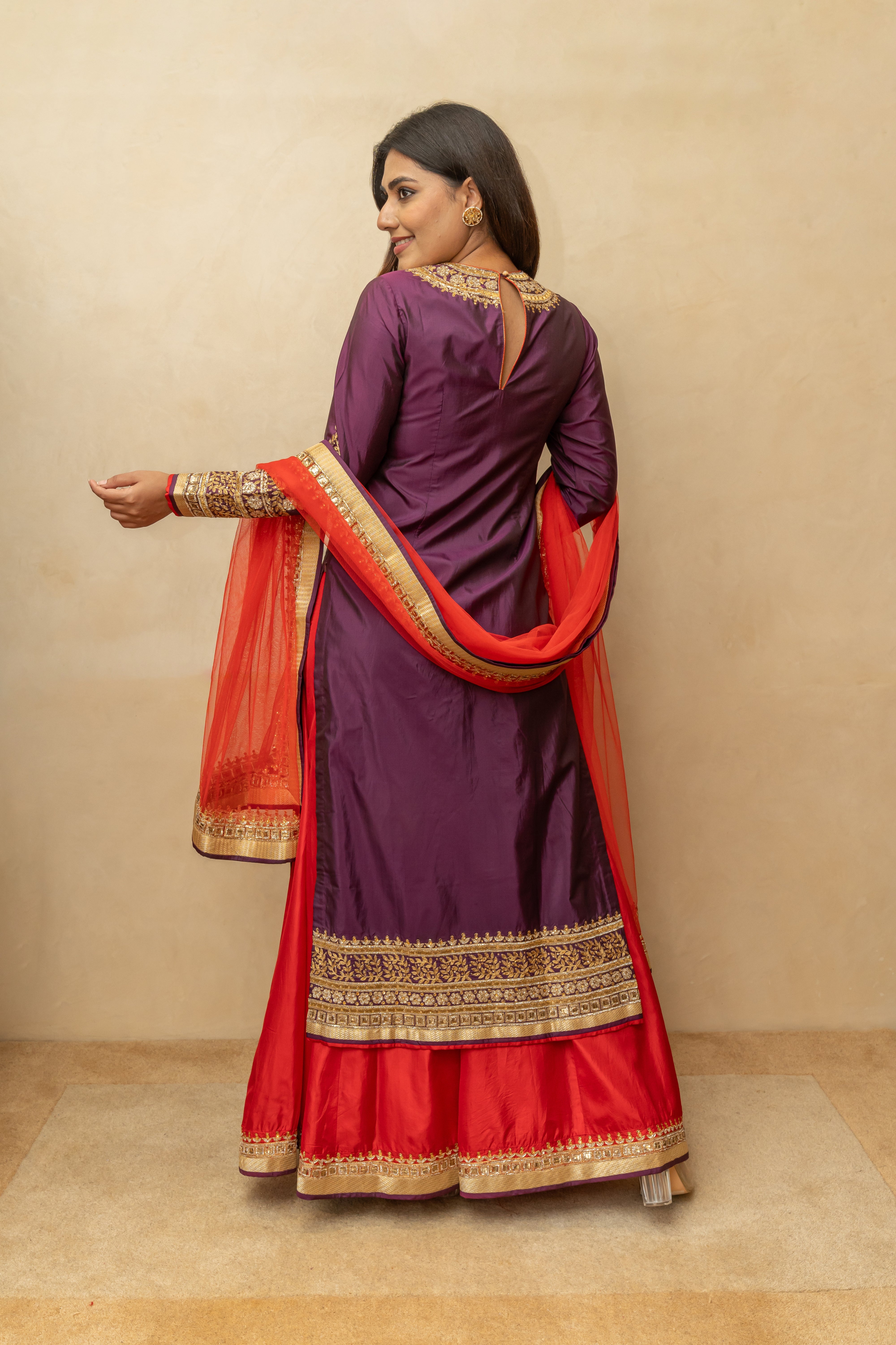 Deep Plum & Red Embroidered Silk Sharara Suit Set