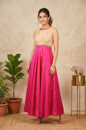 Beige and Fuchsia Pink Raw Silk Gown