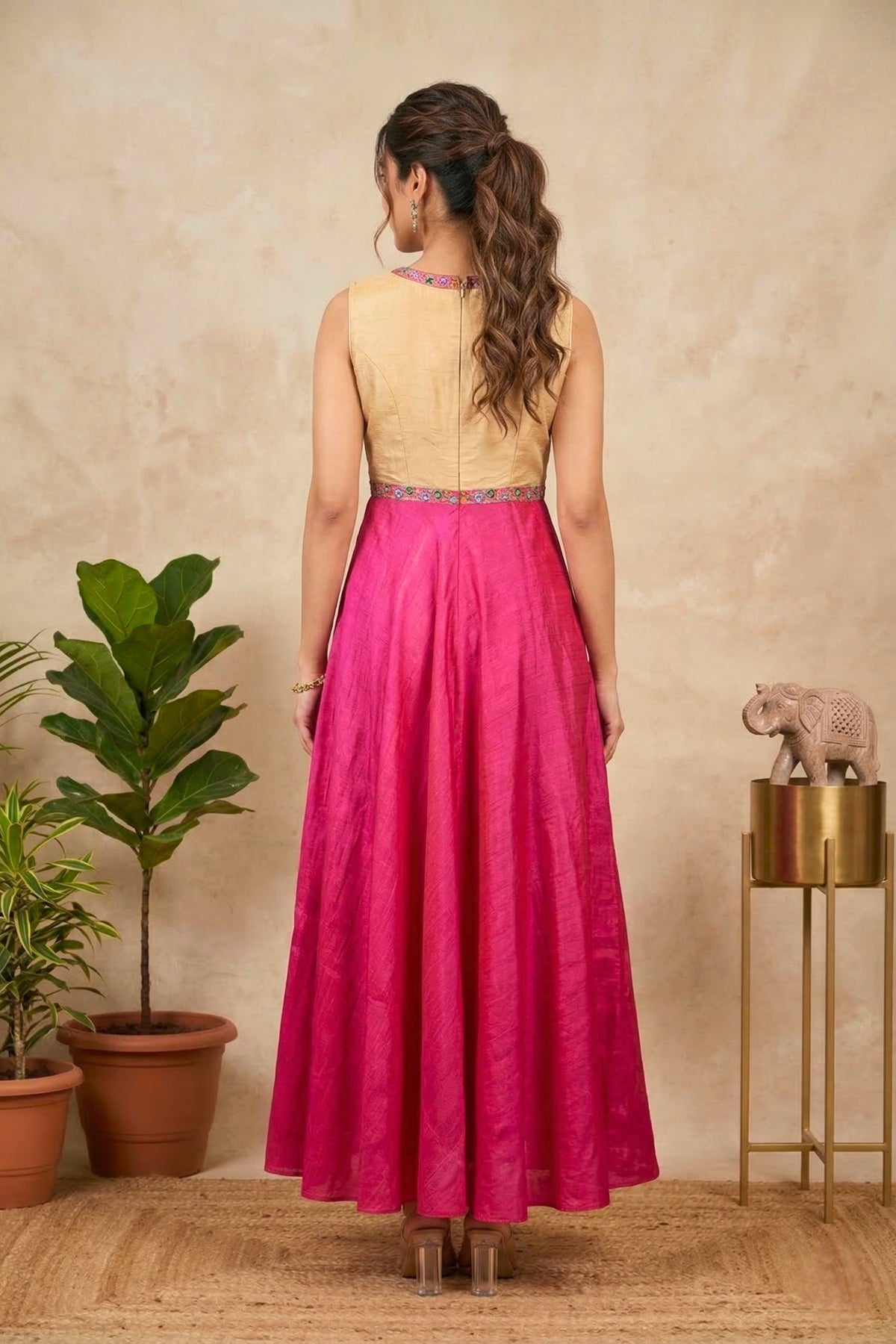 Beige and Fuchsia Pink Raw Silk Gown