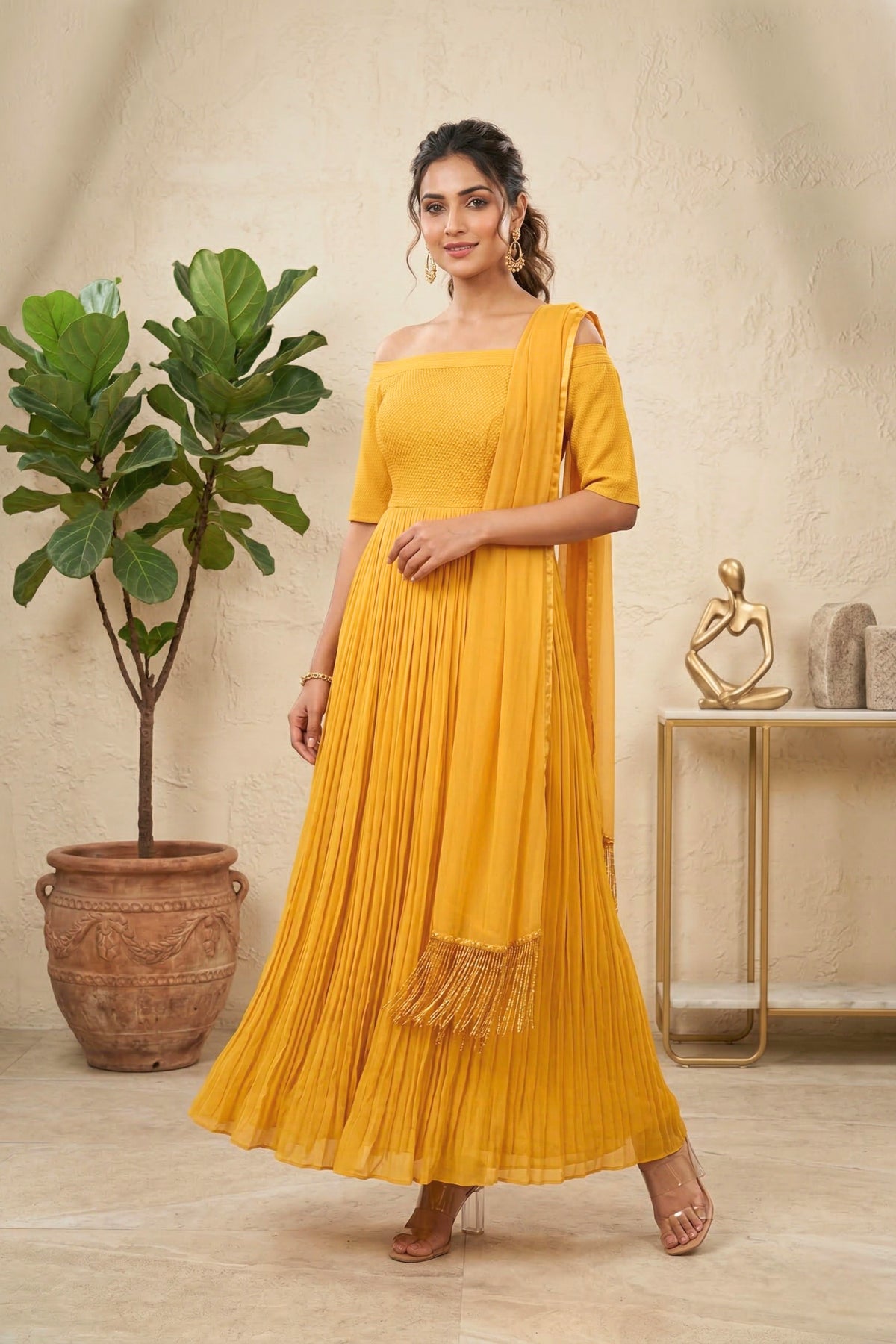 Sunshine Yellow Chiffon Off-Shoulder Gown