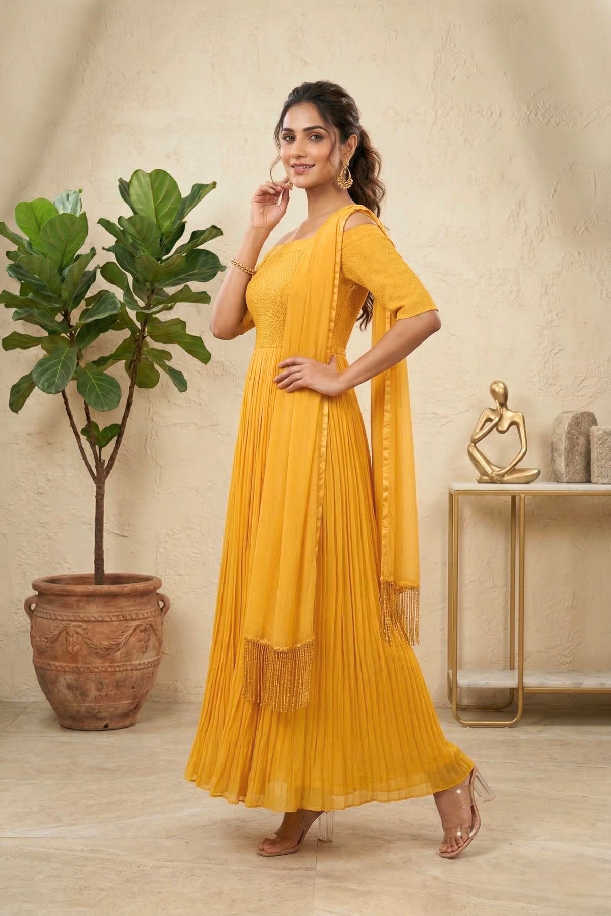Sunshine Yellow Chiffon Off-Shoulder Gown