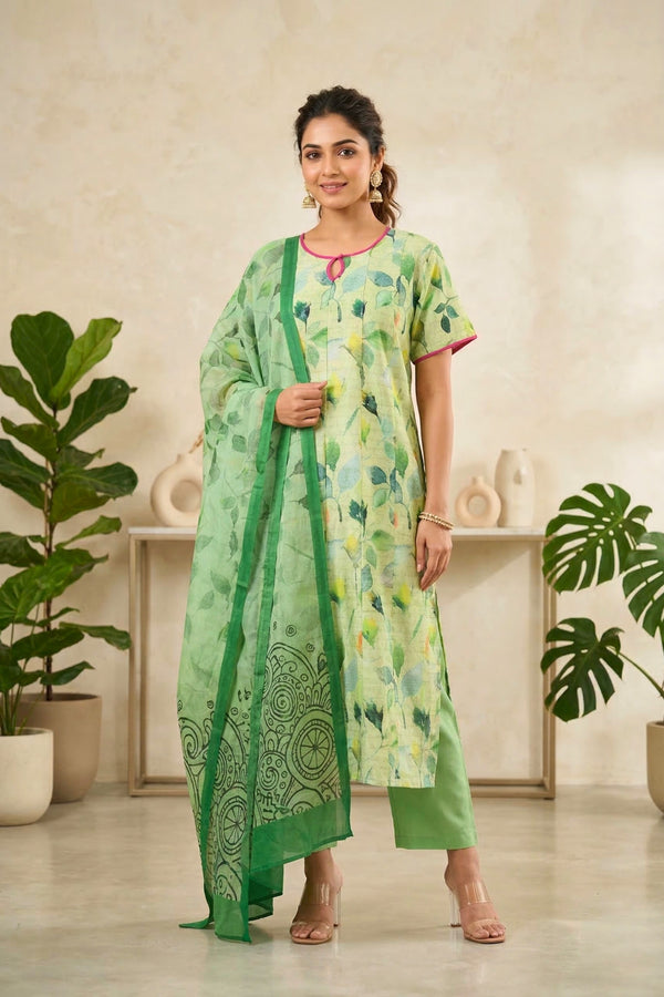 Refreshing Light Green Botanical Print Raw Silk Suit Set with Pink Piping