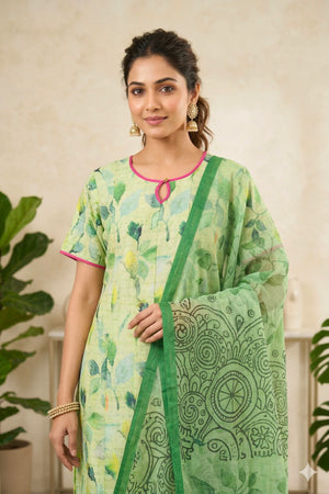 Refreshing Light Green Botanical Print Raw Silk Suit Set with Pink Piping