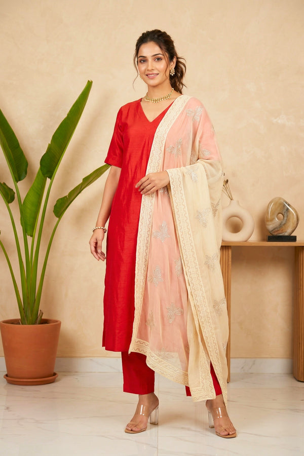 Elegant Red Silk Suit Set with Embroidered Pastel Georgette Dupatta