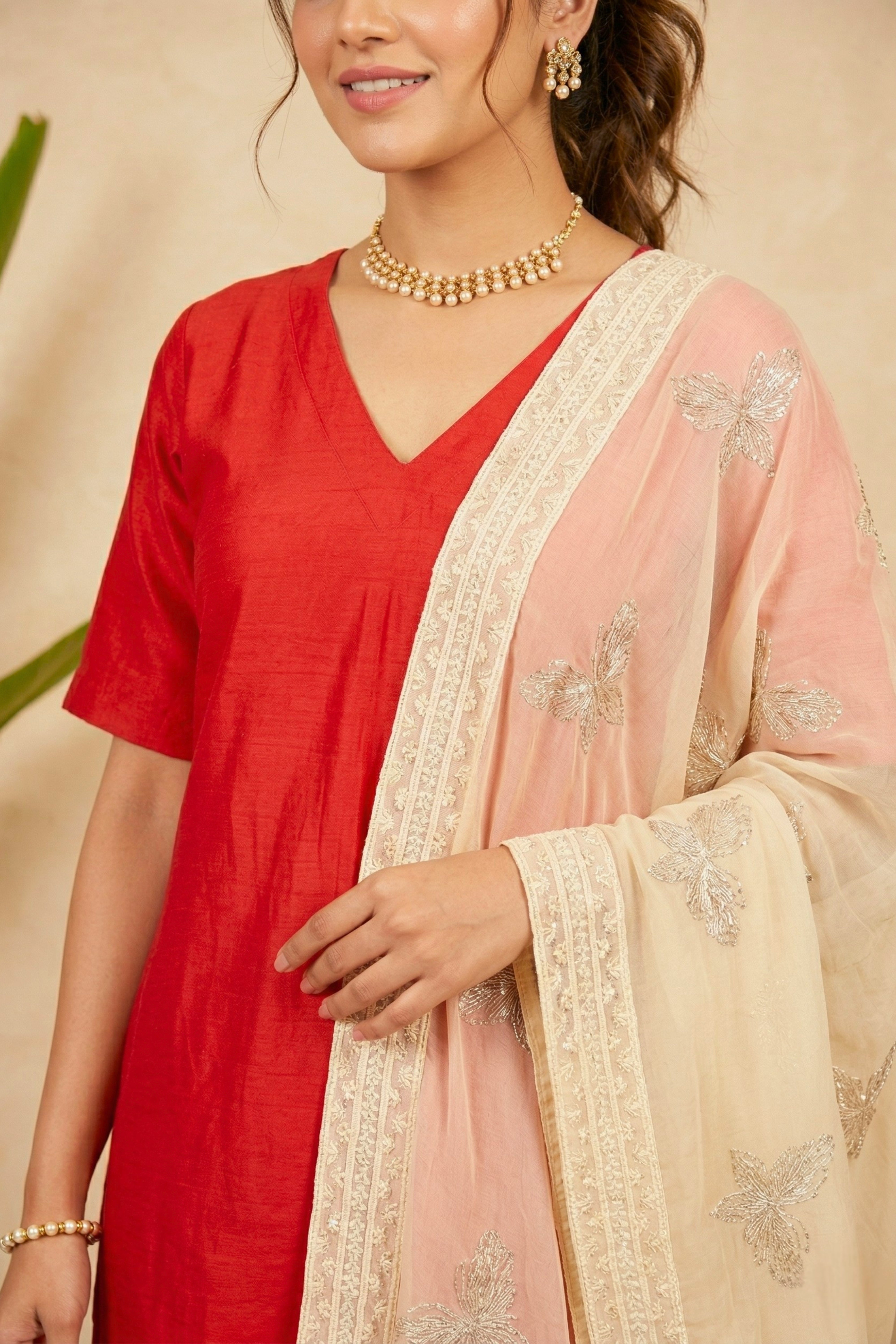 Elegant Red Silk Suit Set with Embroidered Pastel Georgette Dupatta