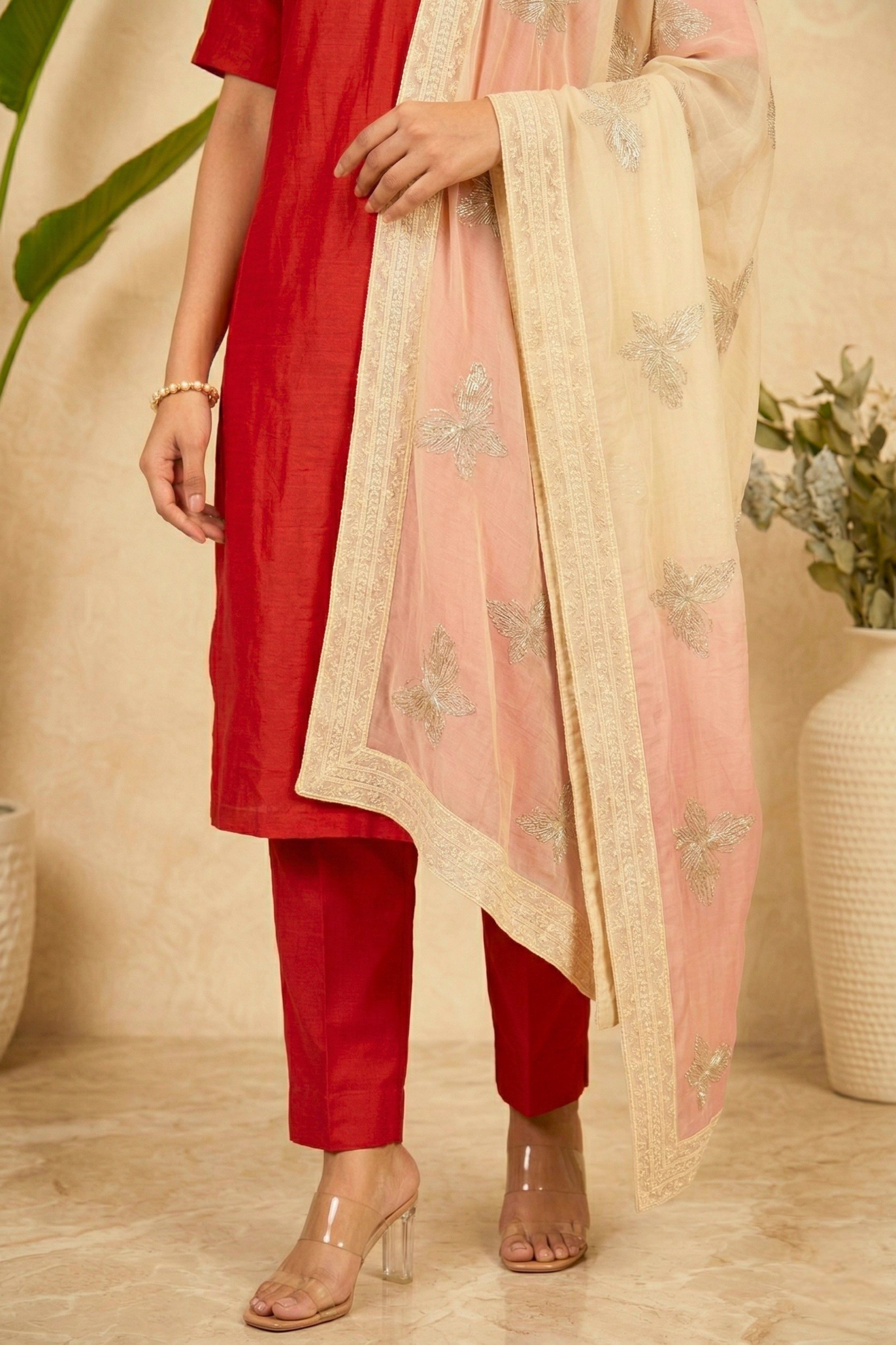 Elegant Red Silk Suit Set with Embroidered Pastel Georgette Dupatta