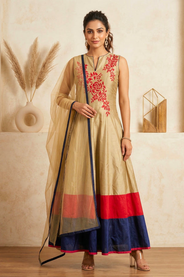 Elegant Gold Silk Anarkali Suit Set with Red Floral Embroidery & Tri-Color Hem