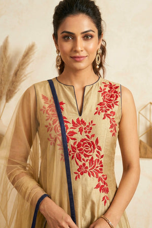 Elegant Gold Silk Anarkali Suit Set with Red Floral Embroidery & Tri-Color Hem