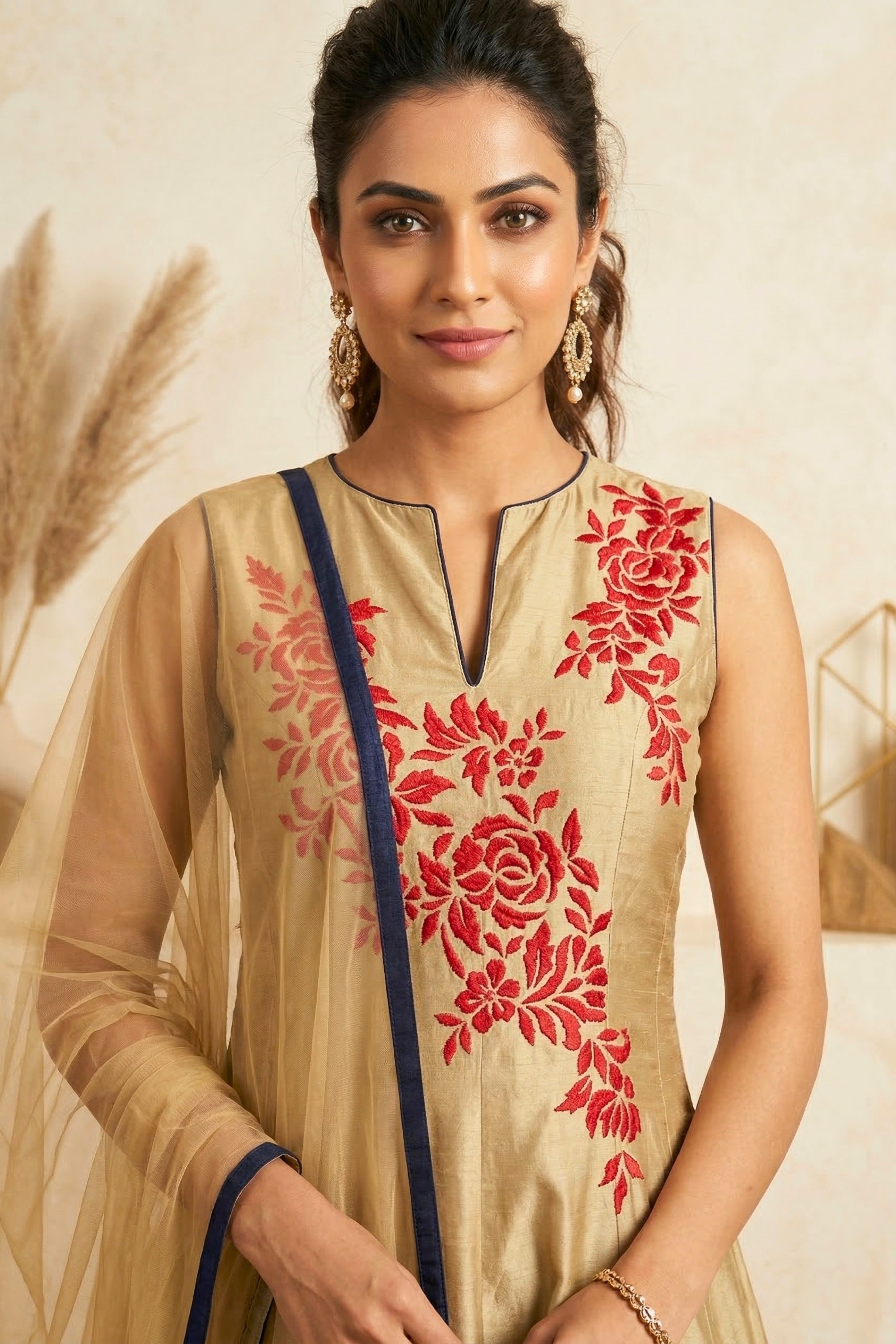 Elegant Gold Silk Anarkali Suit Set with Red Floral Embroidery & Tri-Color Hem