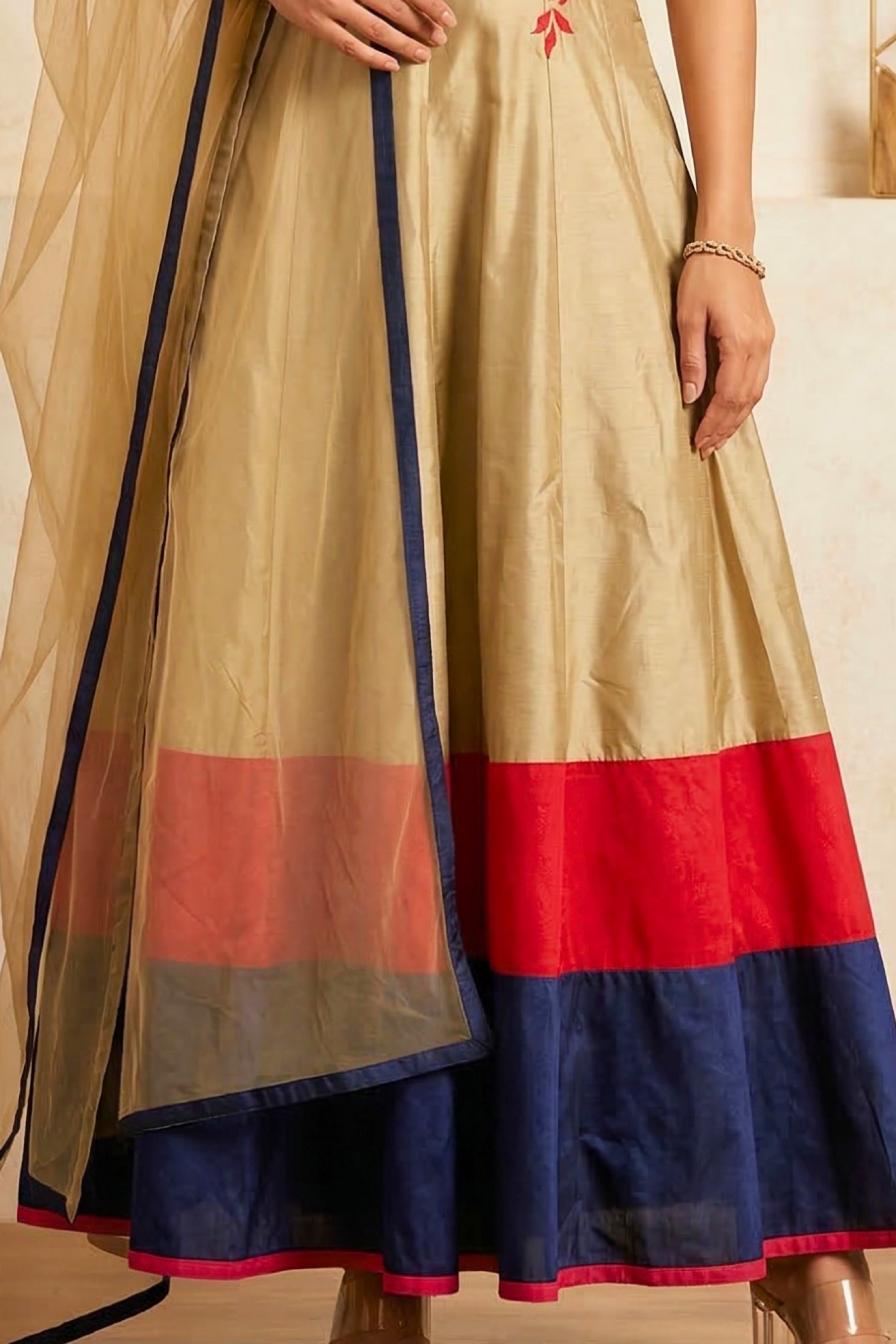 Elegant Gold Silk Anarkali Suit Set with Red Floral Embroidery & Tri-Color Hem