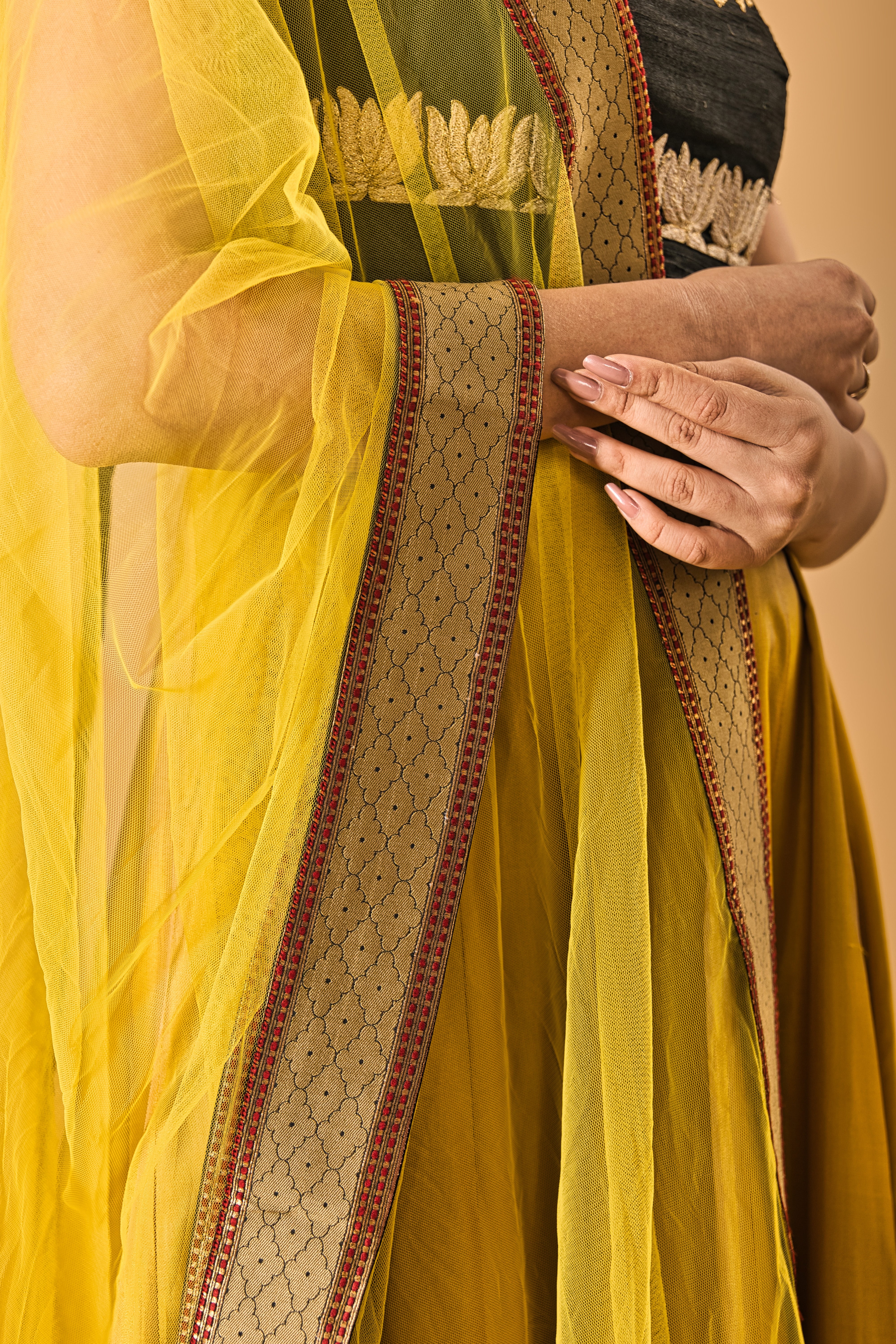 Mustard and Black Silk Embroidered Anarkali Suit Set