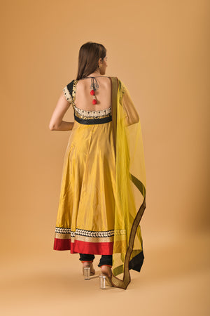 Mustard and Black Silk Embroidered Anarkali Suit Set