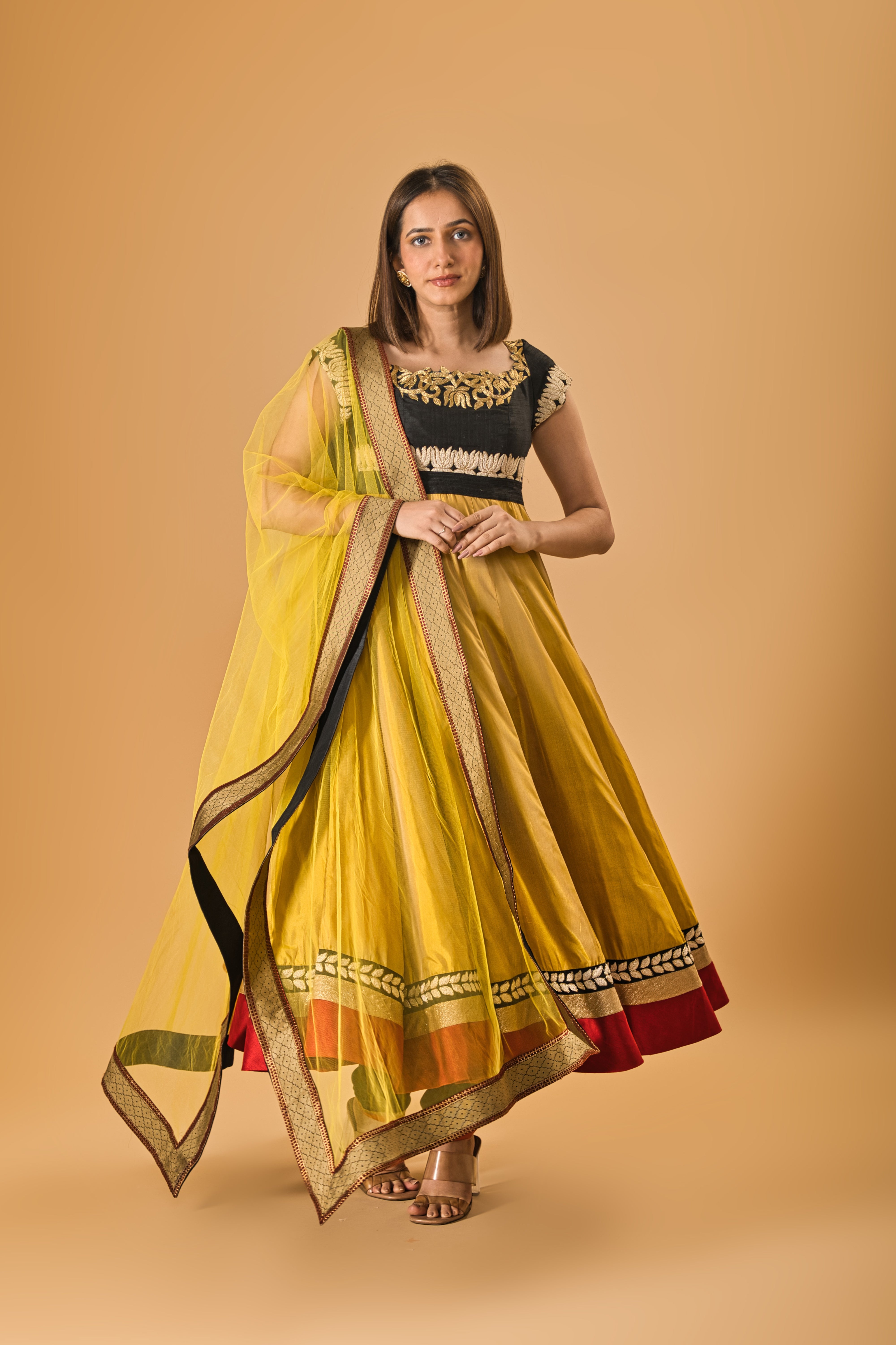Mustard and Black Silk Embroidered Anarkali Suit Set