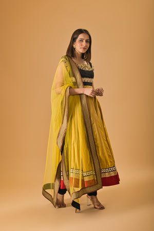 Mustard and Black Silk Embroidered Anarkali Suit Set