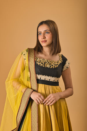 Mustard and Black Silk Embroidered Anarkali Suit Set