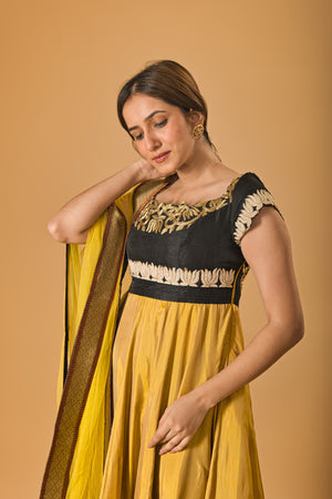 Mustard and Black Silk Embroidered Anarkali Suit Set
