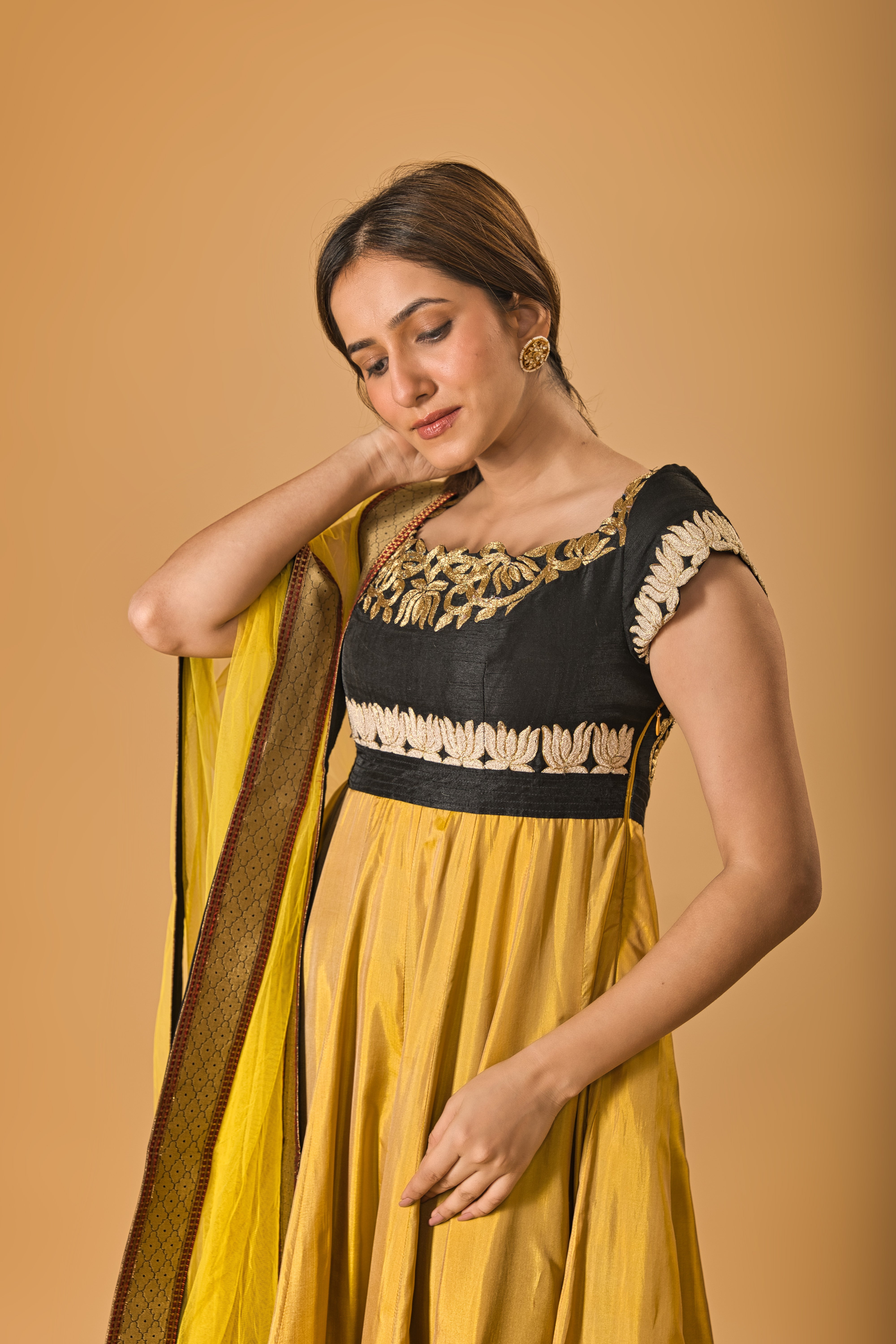 Mustard and Black Silk Embroidered Anarkali Suit Set