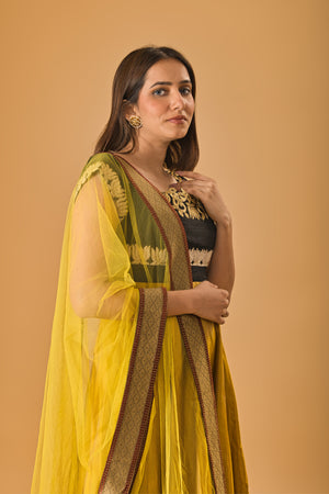 Mustard and Black Silk Embroidered Anarkali Suit Set