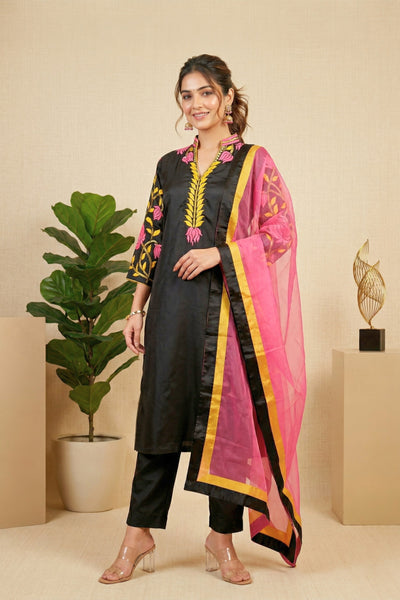 Striking Black Silk Suit Set with Pink & Yellow Floral Embroidery