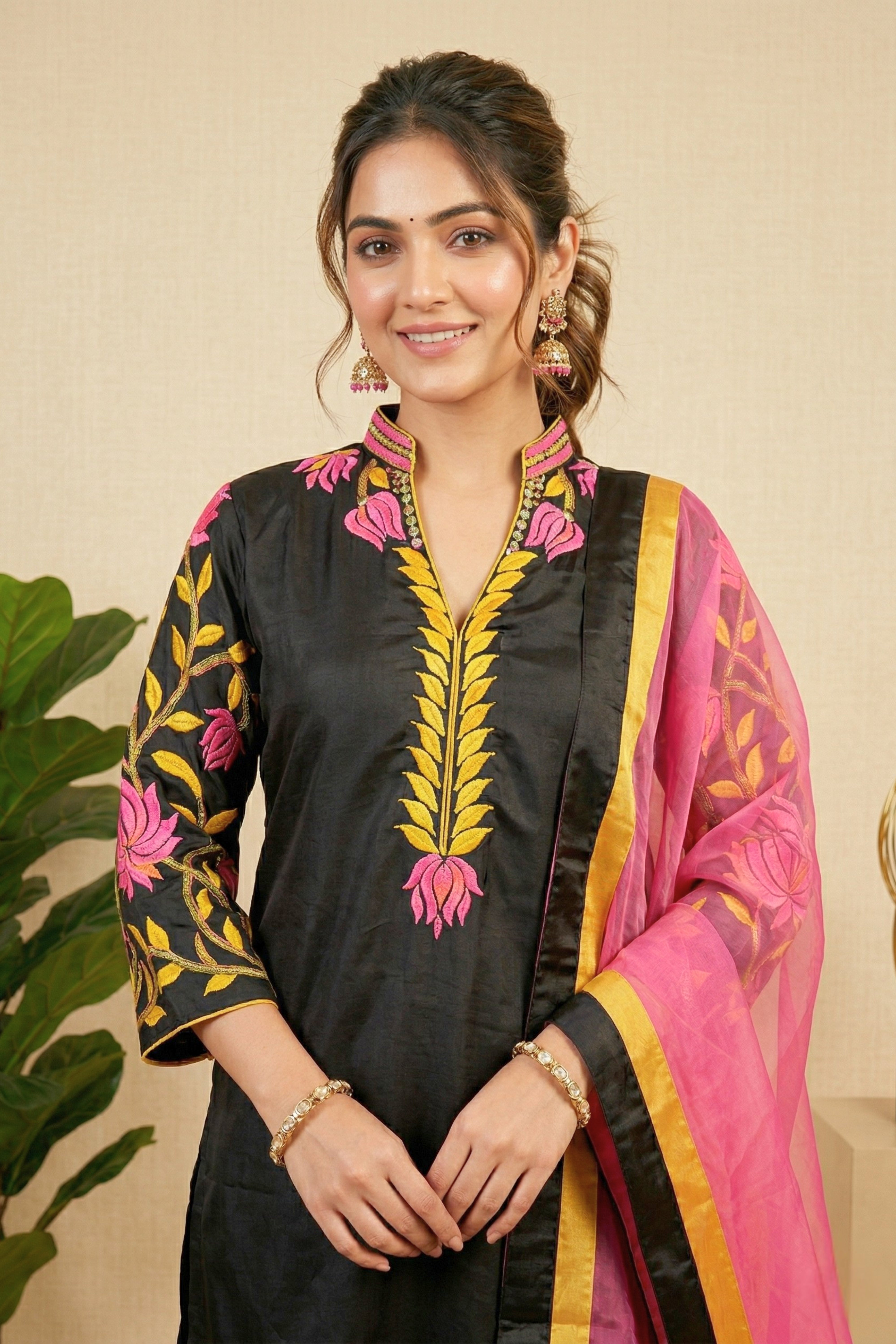 Striking Black Silk Suit Set with Pink & Yellow Floral Embroidery