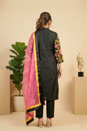 Striking Black Silk Suit Set with Pink & Yellow Floral Embroidery