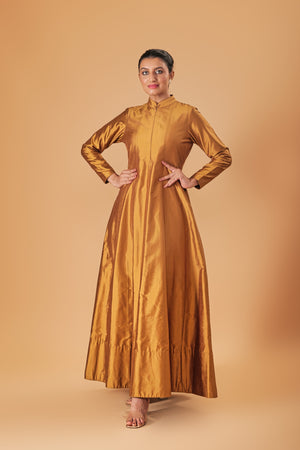 Indowestern Copper Gold Silk Semi Anarkali Gown