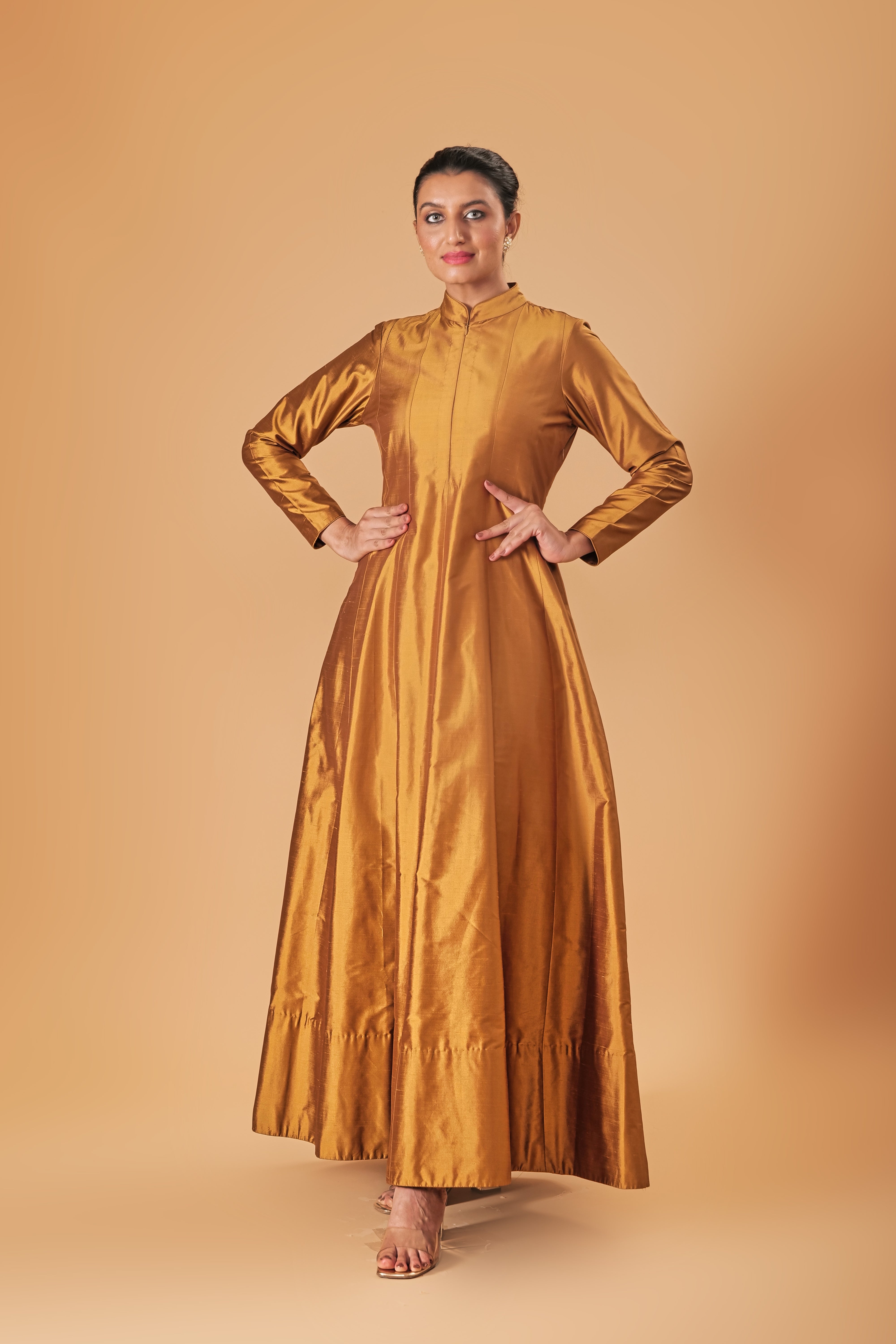 Indowestern Copper Gold Silk Semi Anarkali Gown