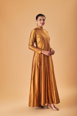Indowestern Copper Gold Silk Semi Anarkali Gown