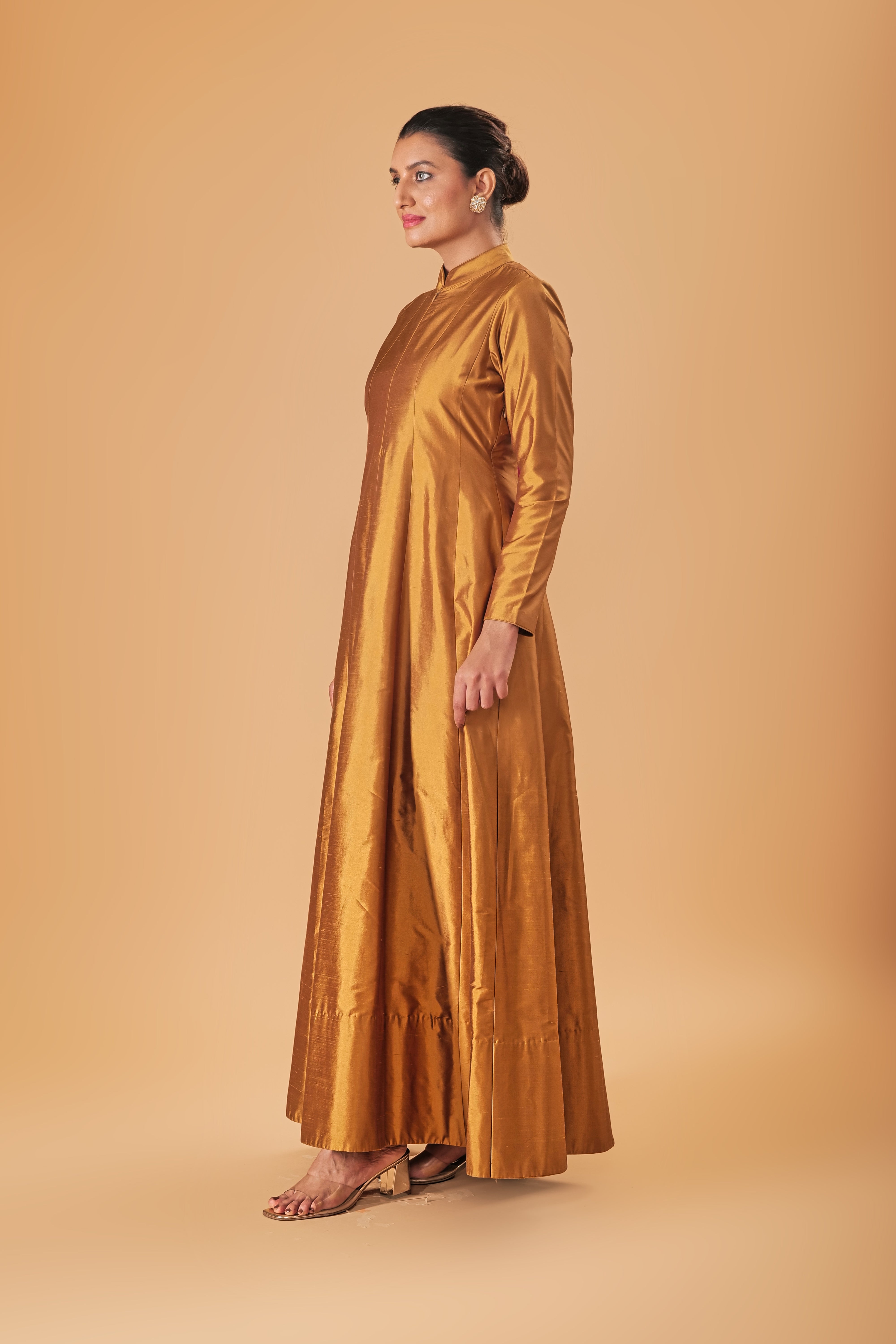 Indowestern Copper Gold Silk Semi Anarkali Gown