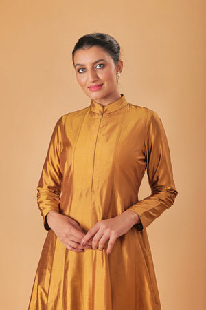 Indowestern Copper Gold Silk Semi Anarkali Gown