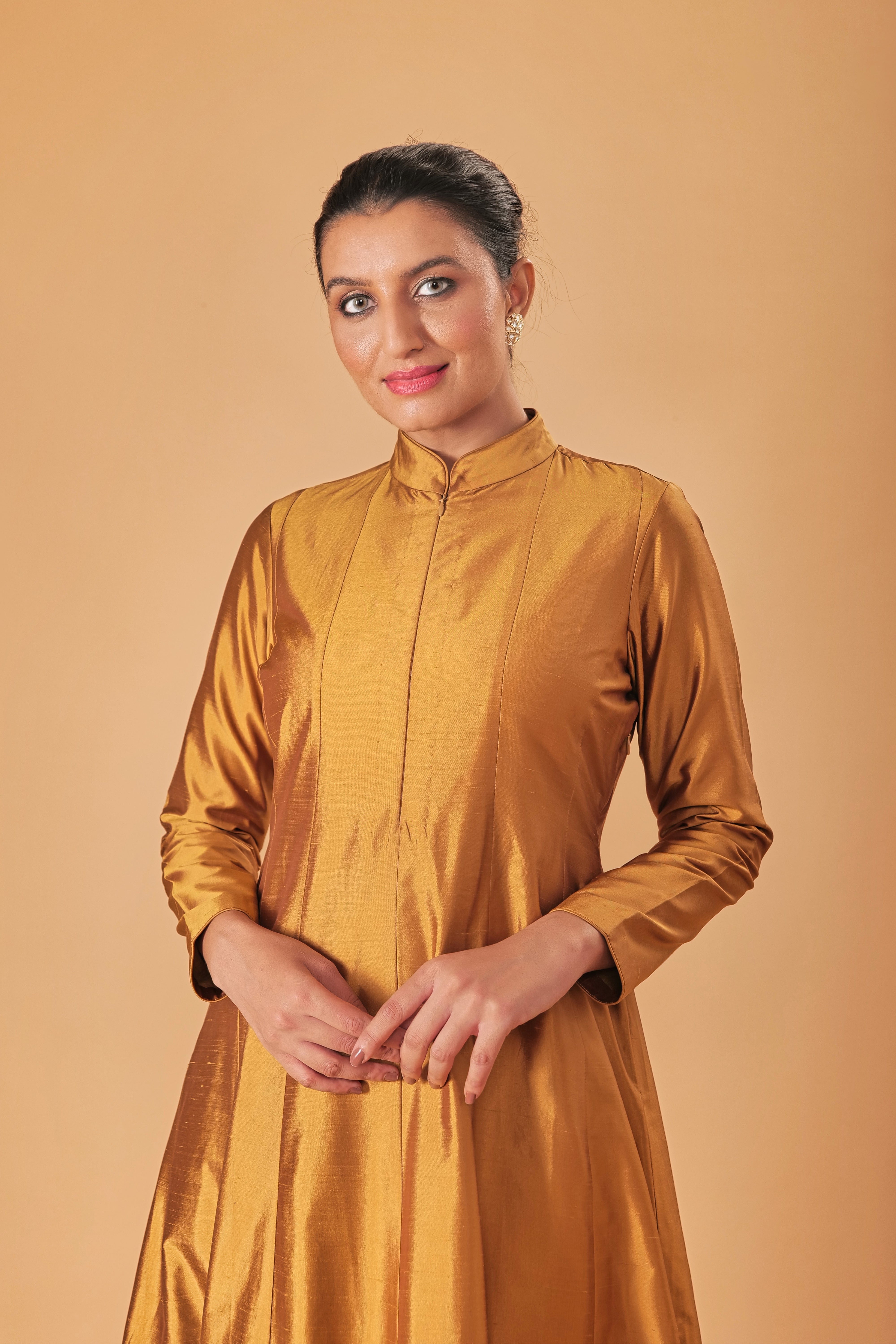 Indowestern Copper Gold Silk Semi Anarkali Gown