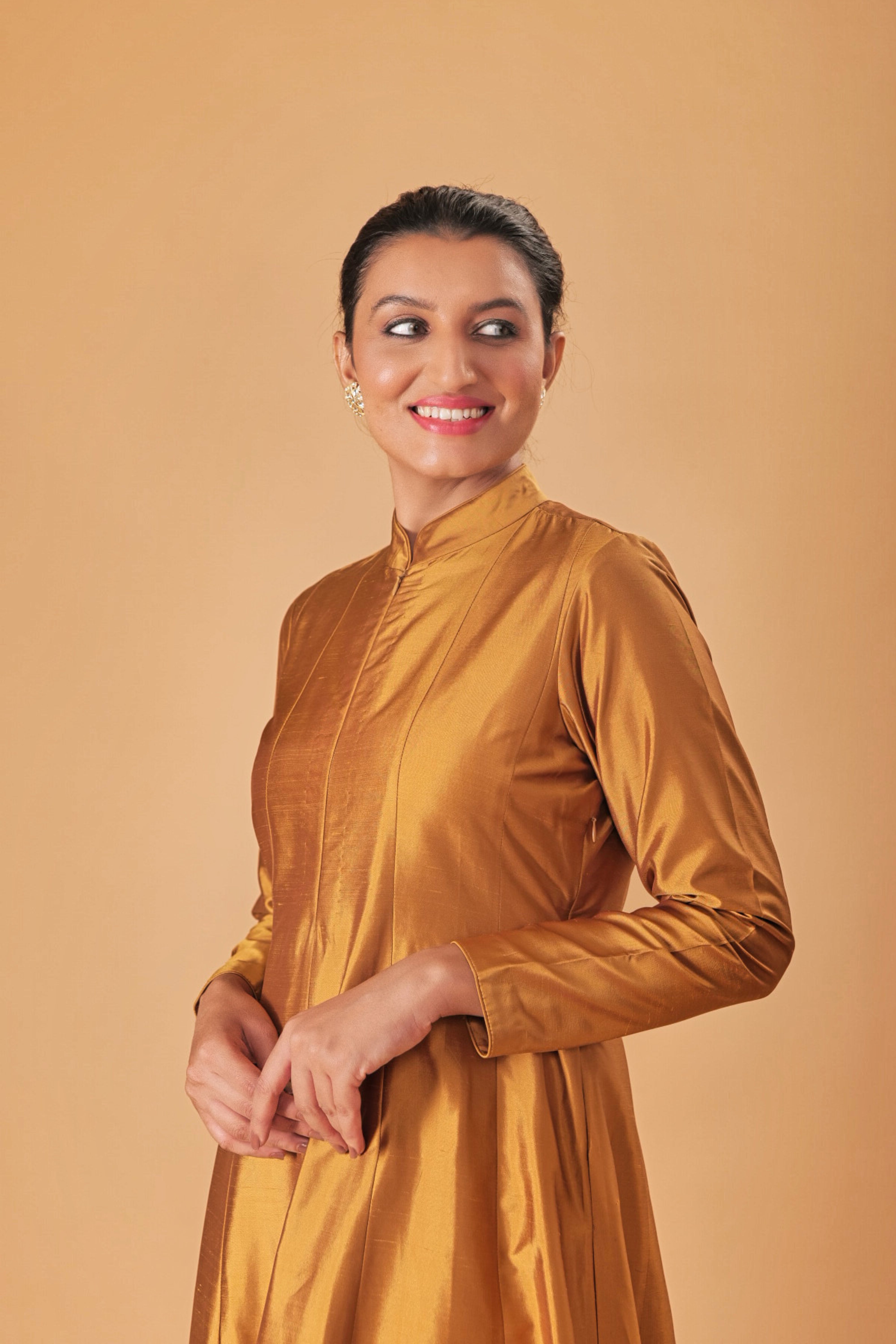 Indowestern Copper Gold Silk Semi Anarkali Gown