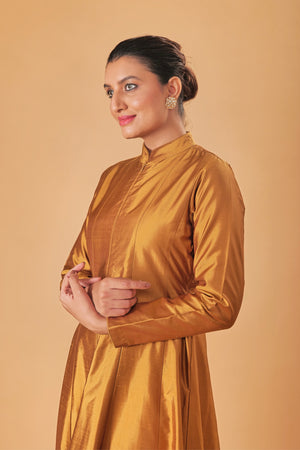 Indowestern Copper Gold Silk Semi Anarkali Gown