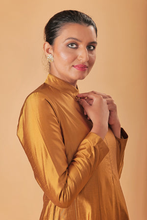 Indowestern Copper Gold Silk Semi Anarkali Gown