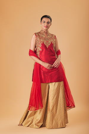 Deep Red & Gold Silk Embroidered Sharara Suit Set