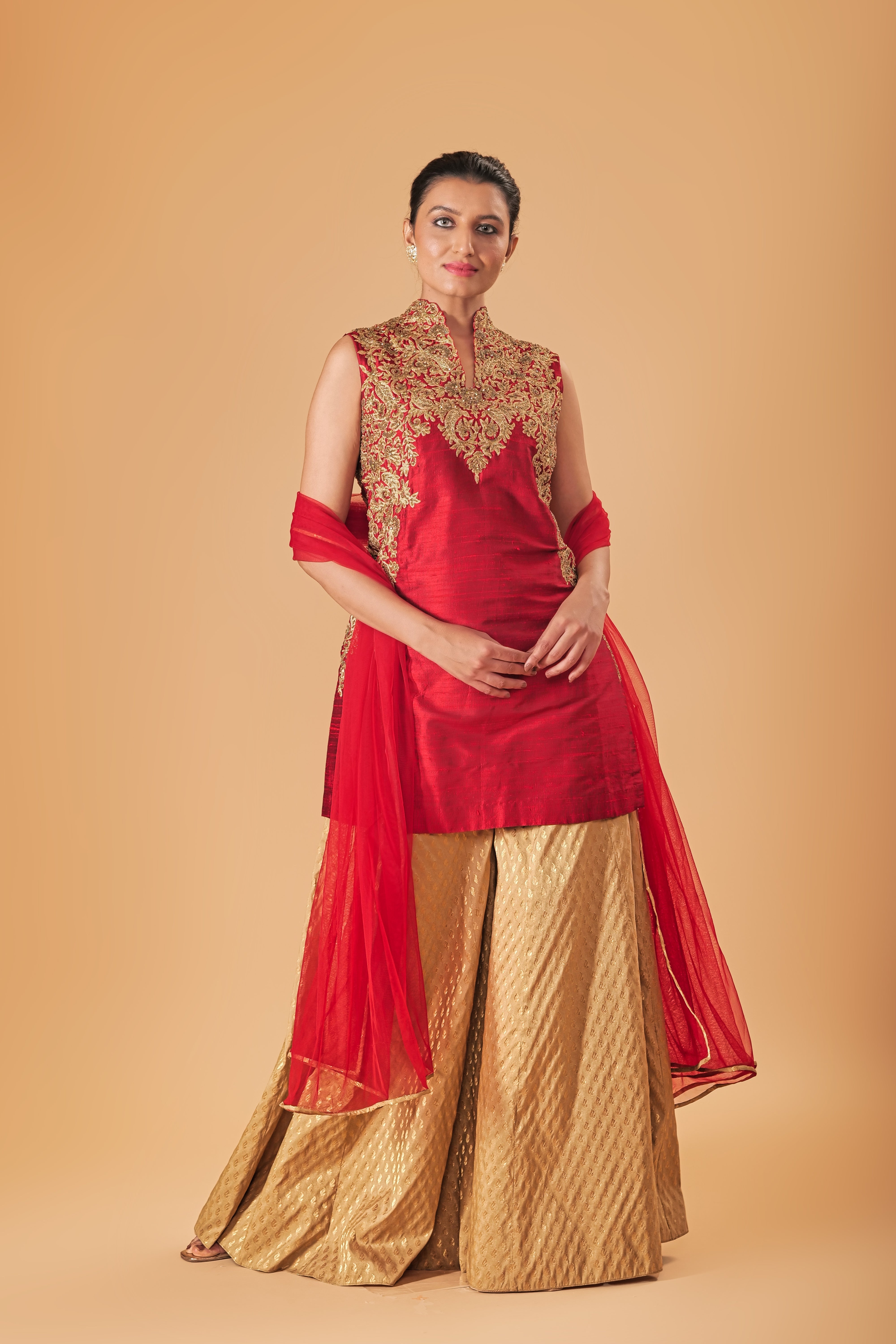 Deep Red & Gold Silk Embroidered Sharara Suit Set