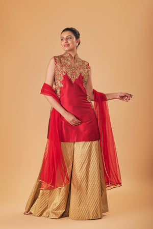 Deep Red & Gold Silk Embroidered Sharara Suit Set