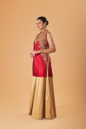 Deep Red & Gold Silk Embroidered Sharara Suit Set