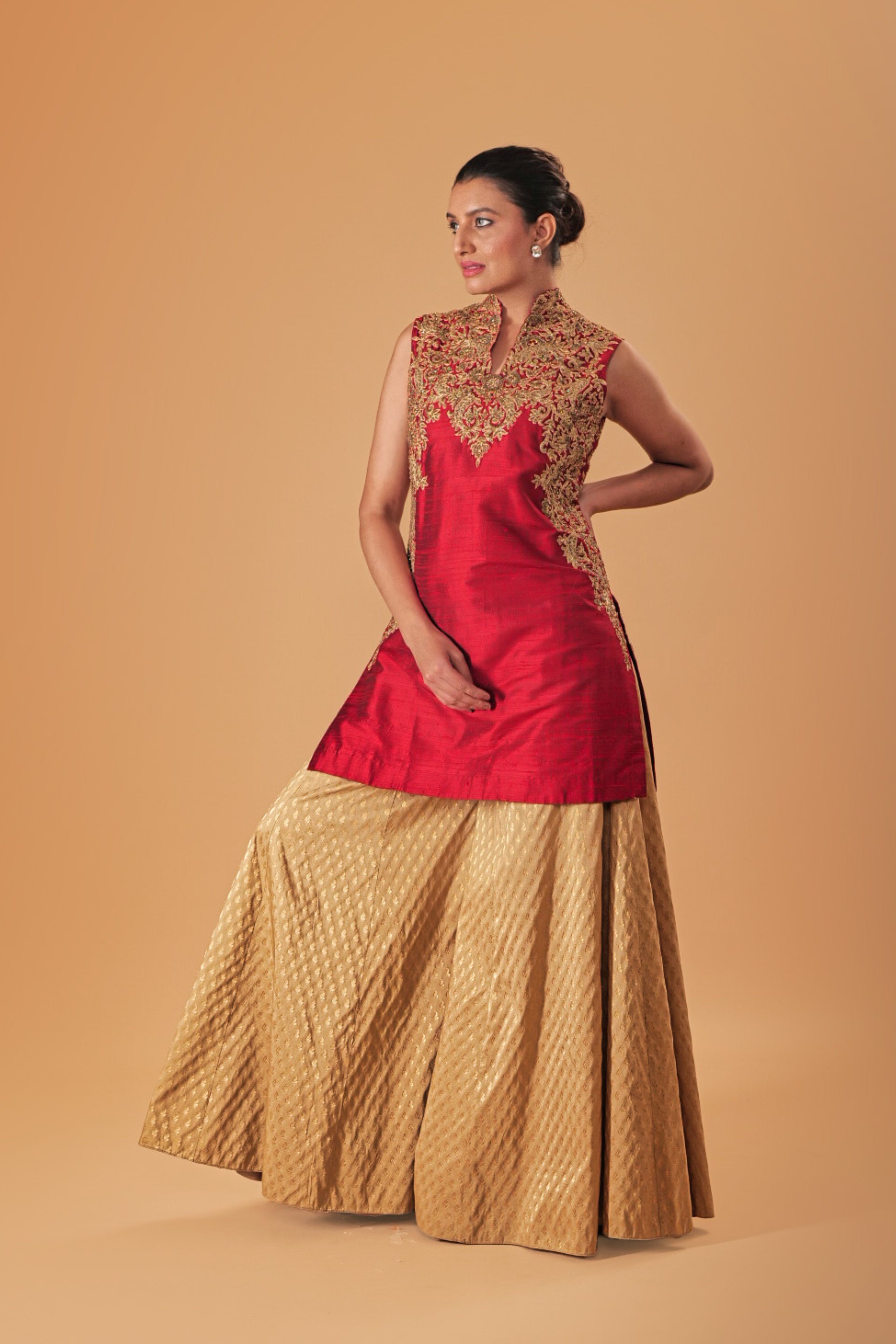 Deep Red & Gold Silk Embroidered Sharara Suit Set