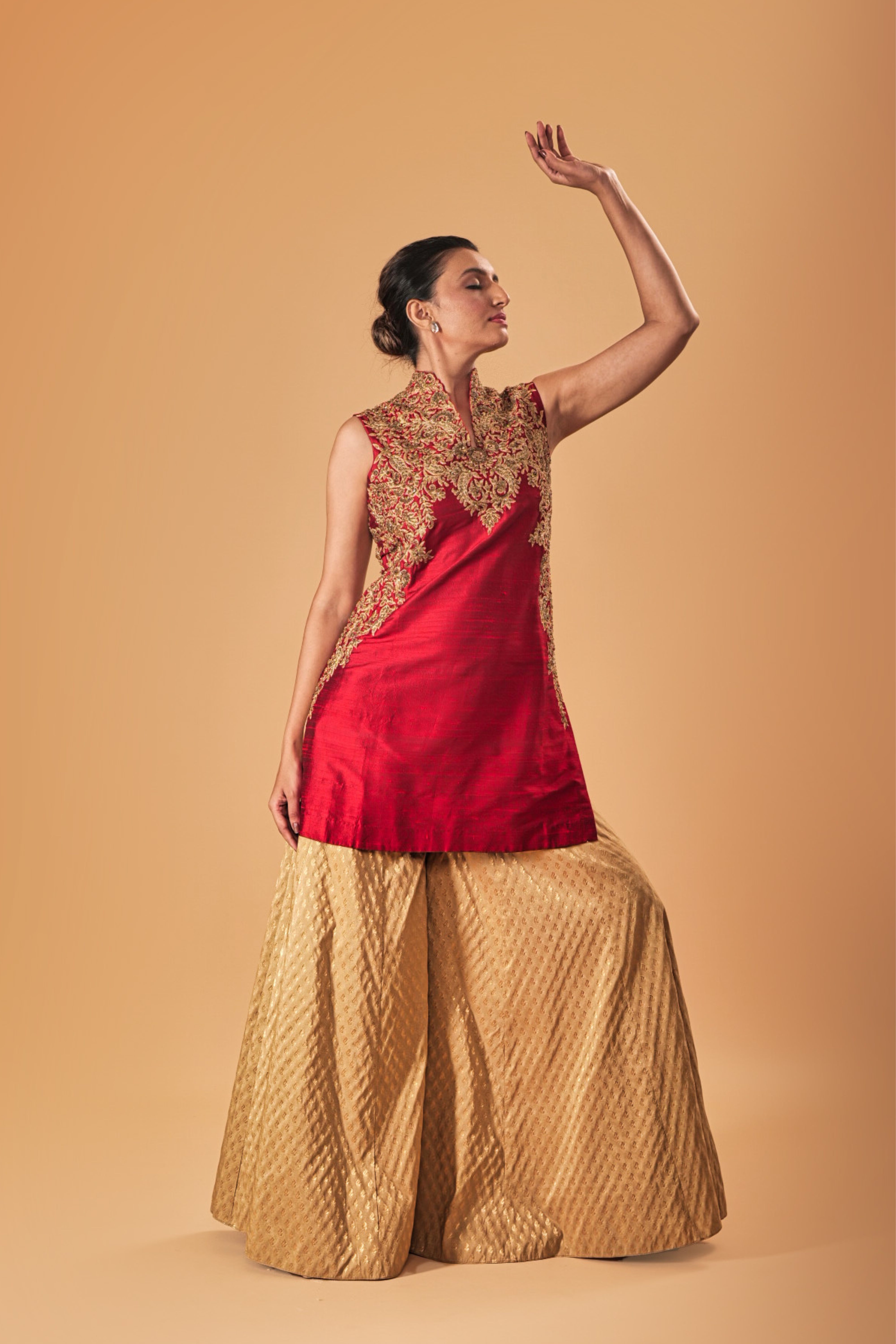 Deep Red & Gold Silk Embroidered Sharara Suit Set