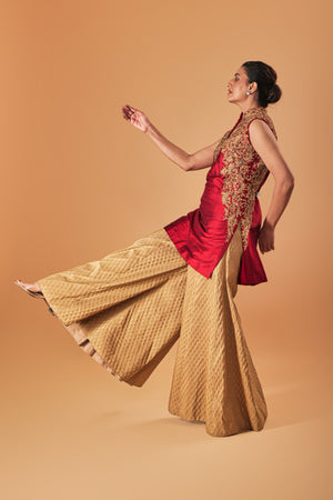 Deep Red & Gold Silk Embroidered Sharara Suit Set