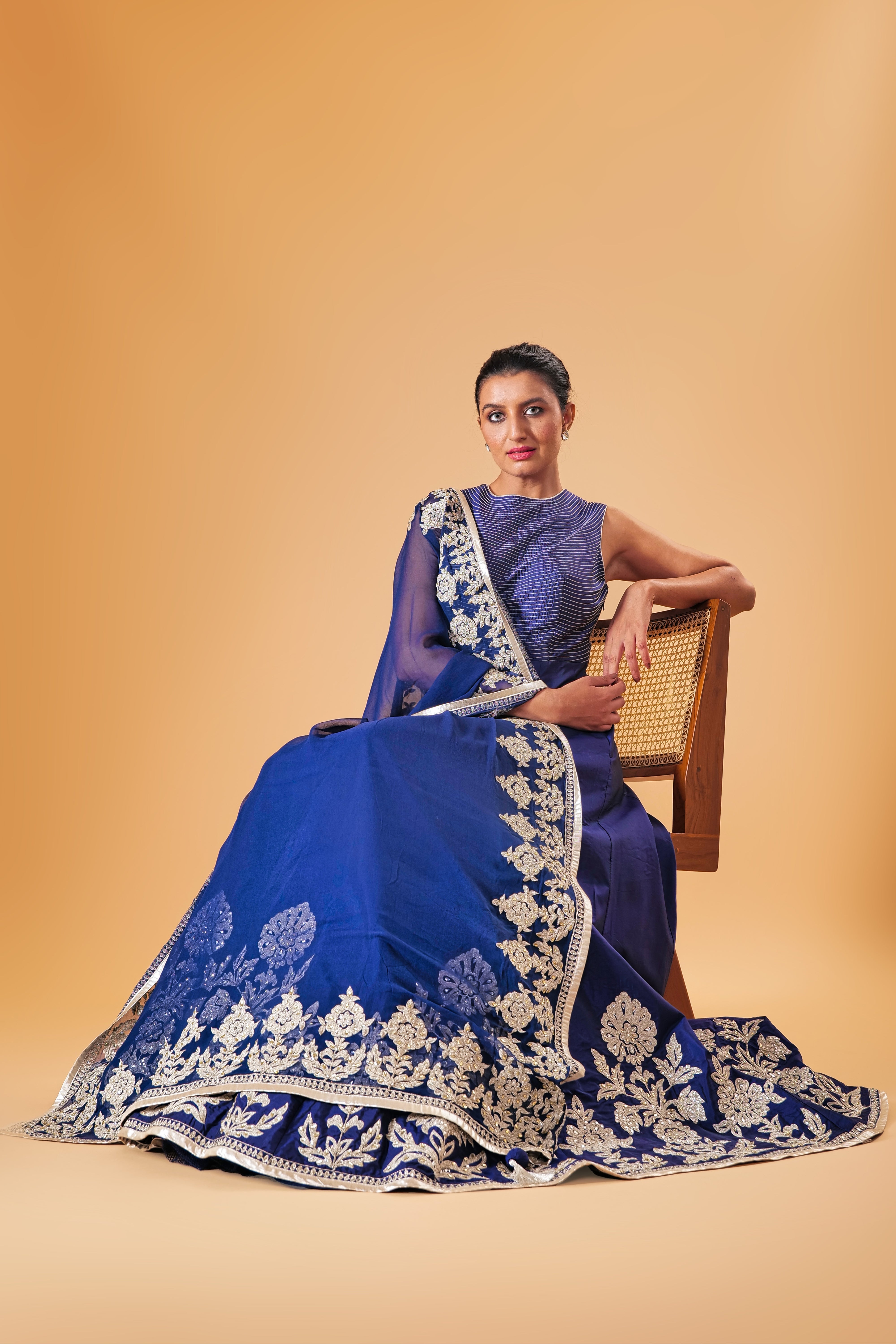 Majestic Midnight Blue Silk Anarkali Suit Set with Heavy Floral Embroidery