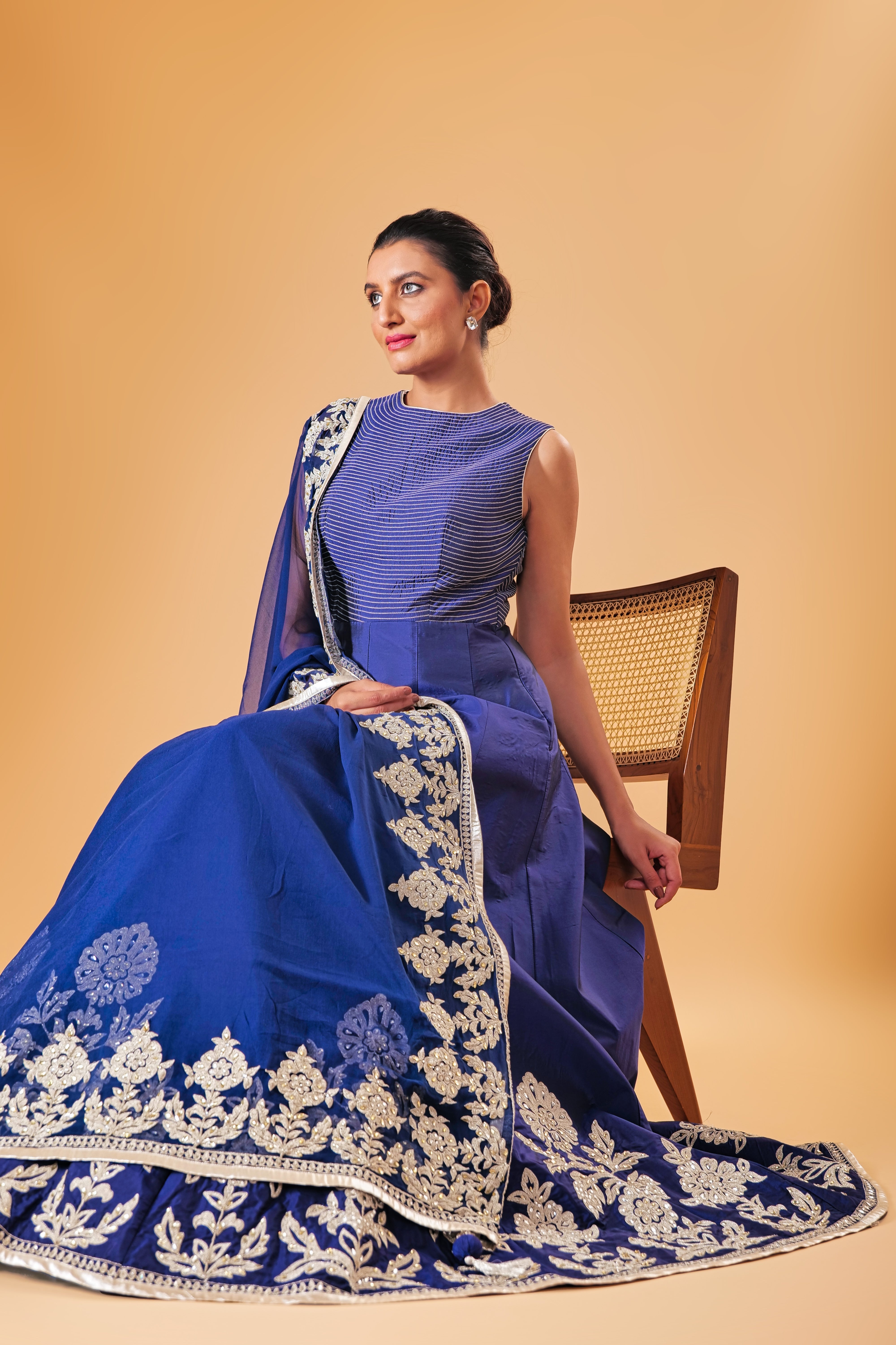 Majestic Midnight Blue Silk Anarkali Suit Set with Heavy Floral Embroidery