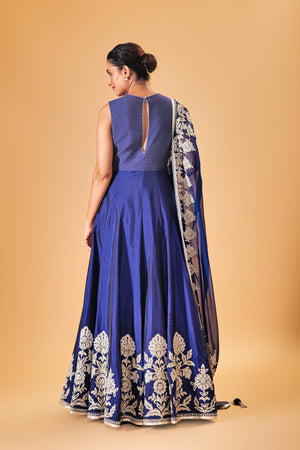 Majestic Midnight Blue Silk Anarkali Suit Set with Heavy Floral Embroidery