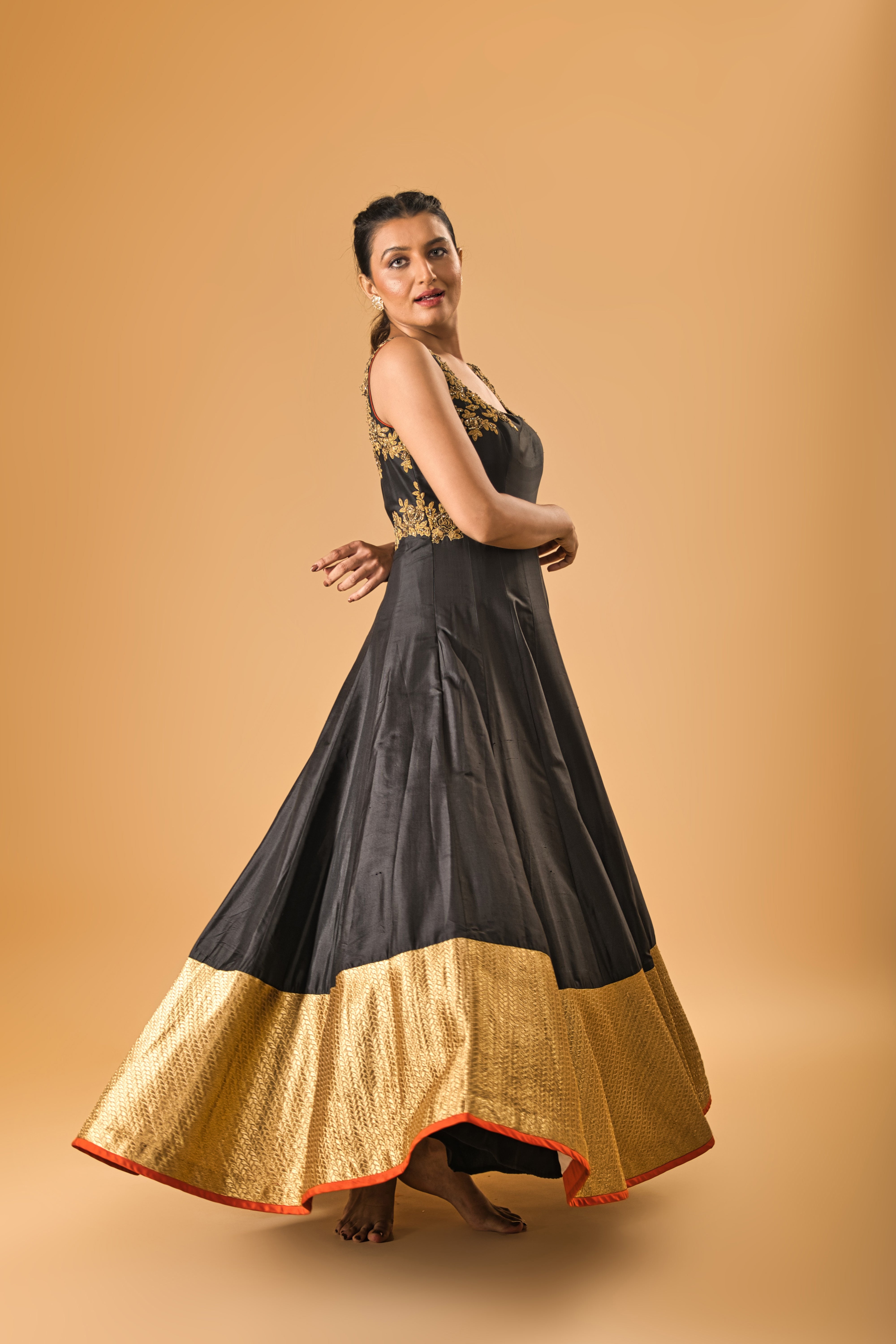 Black and Gold Embroidered Silk Gown