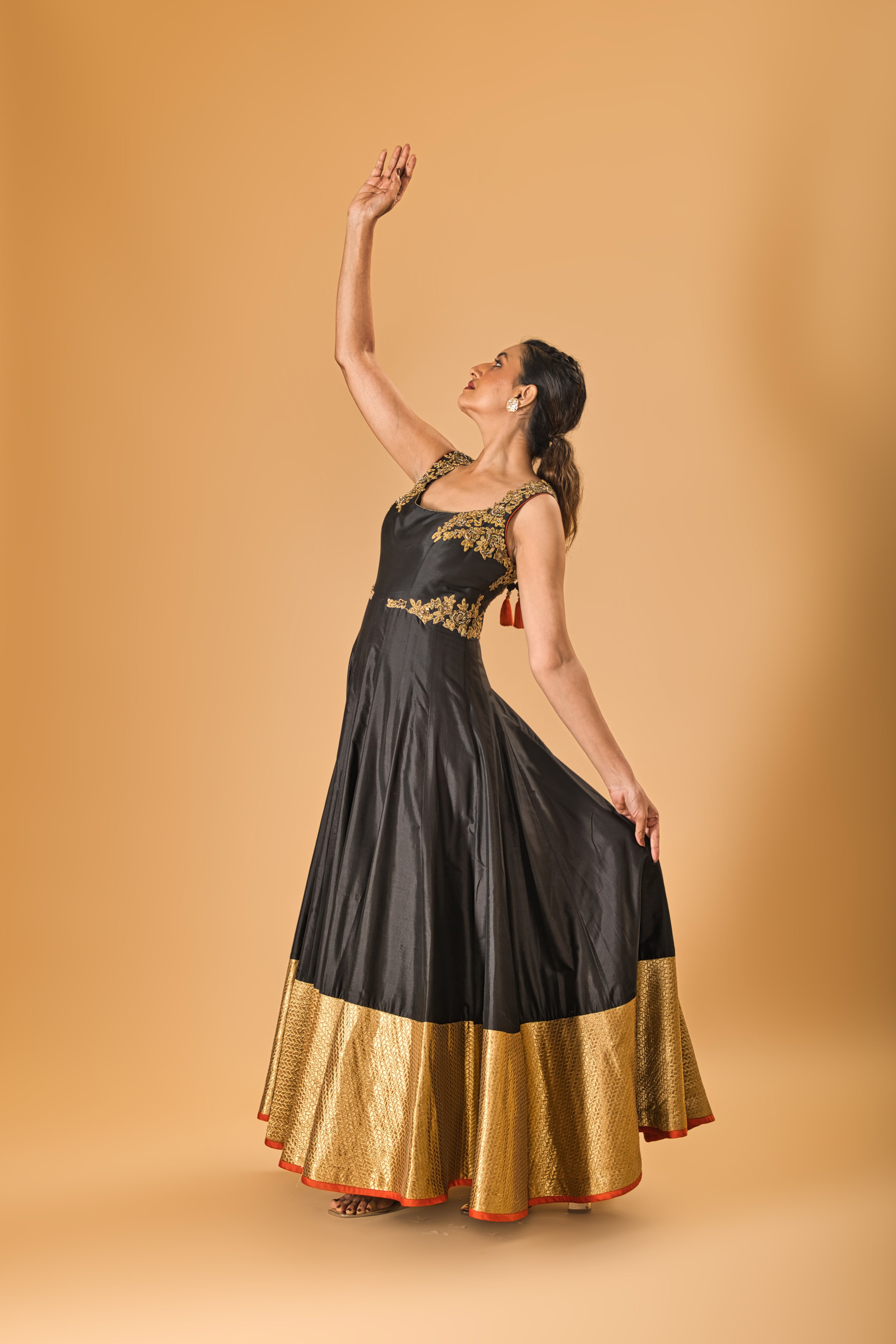 Black and Gold Embroidered Silk Gown