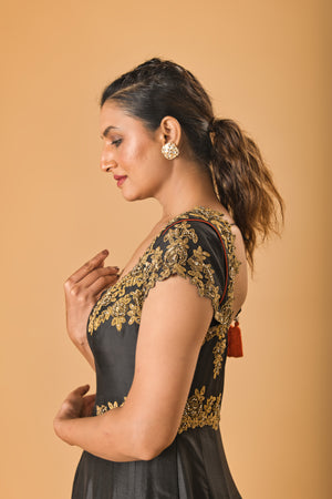Black and Gold Embroidered Silk Gown